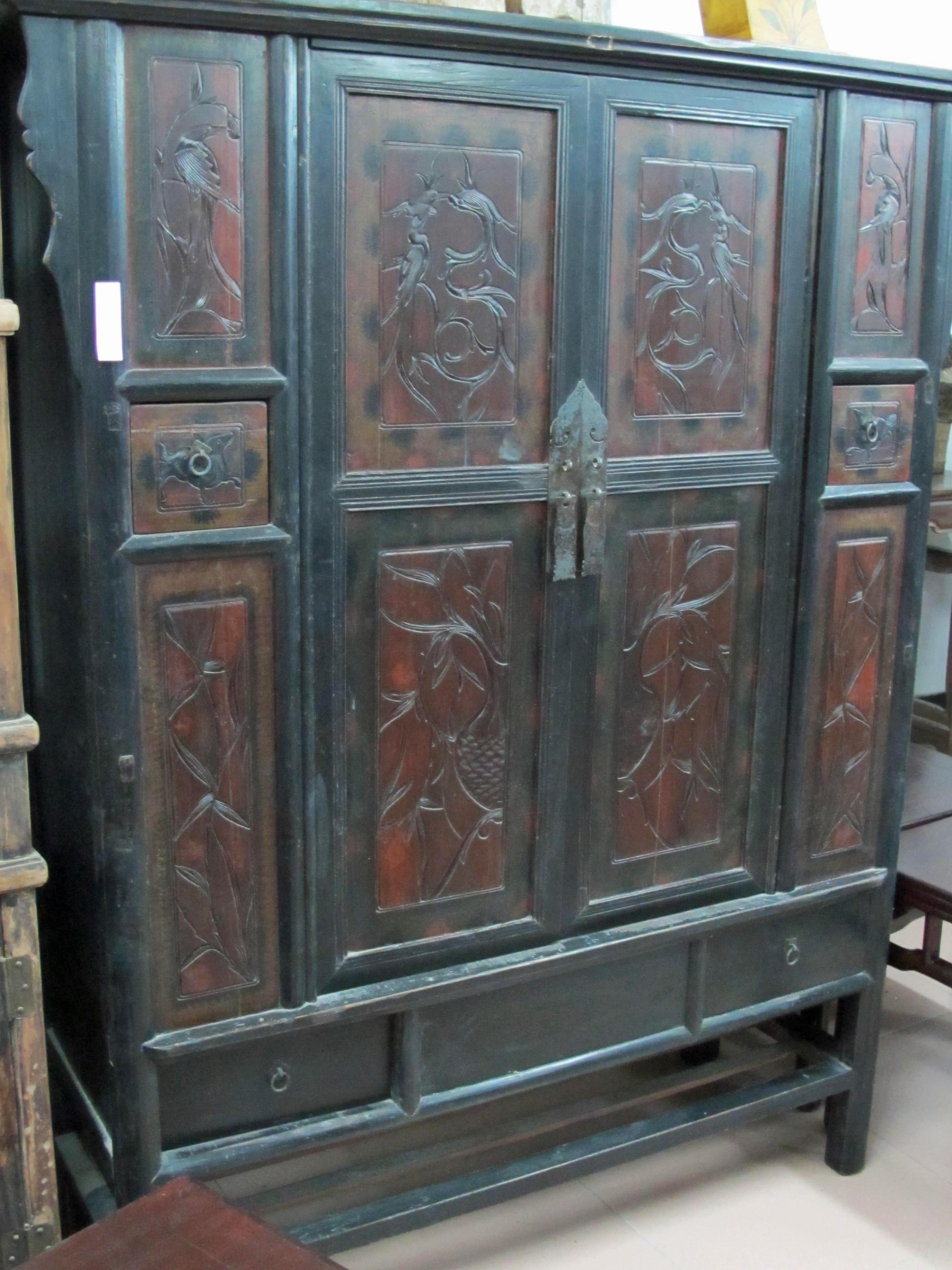 Elm Cabinet with Carved Panel Doors For Sale