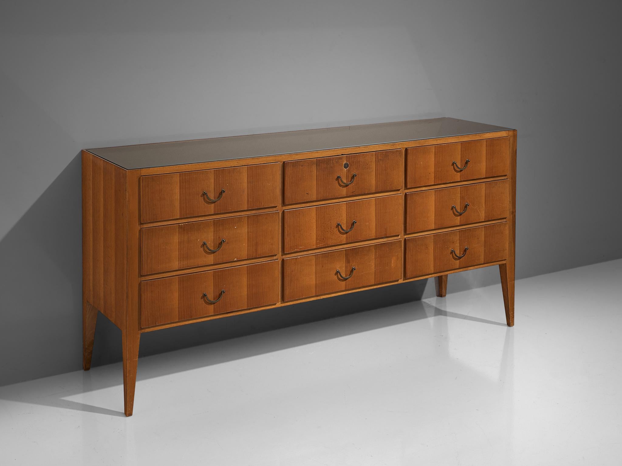 Mid-Century Modern Cabinet with Drawers in Walnut and Brass, Italy, 1950s