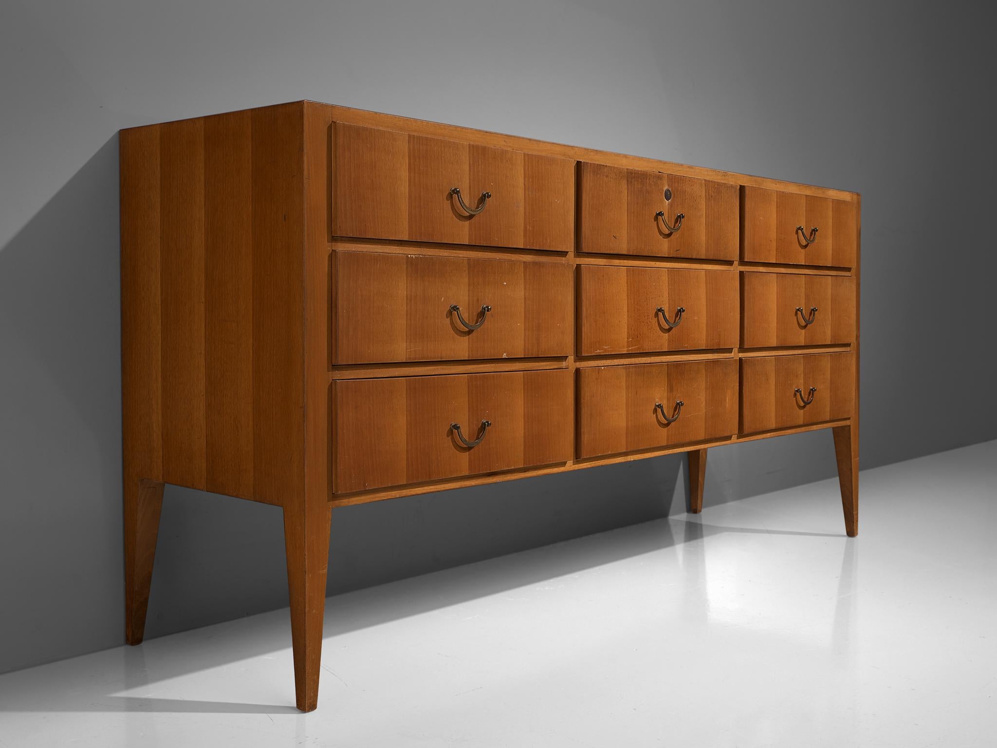 Italian Cabinet with Drawers in Walnut and Brass, Italy, 1950s