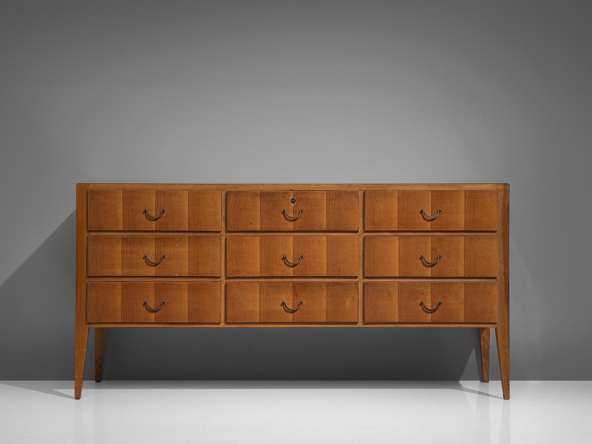 Mid-20th Century Cabinet with Drawers in Walnut and Brass, Italy, 1950s