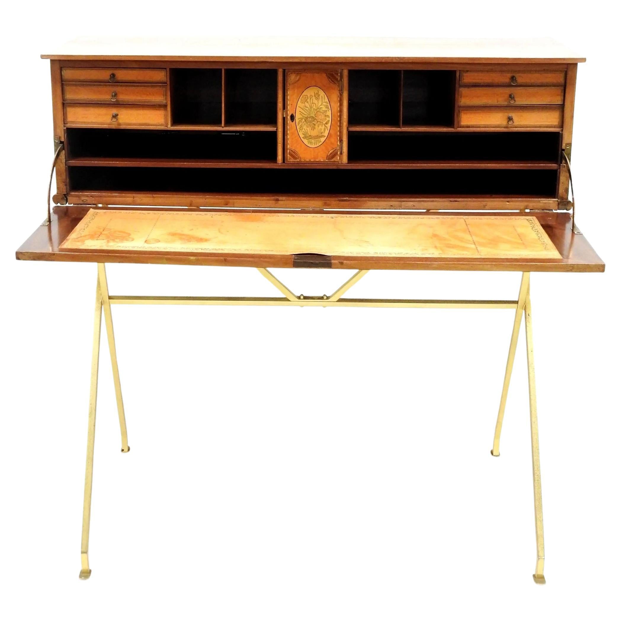 Cabinet with Flowers Inlaid Inside, Mounted on an X-Shaped Base in Gilt Metal For Sale