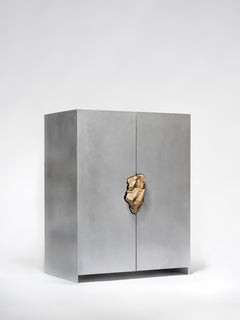 Unique Waxed Aluminum Cabinet with Natural Golden Pink Stone by Pierre De Valck