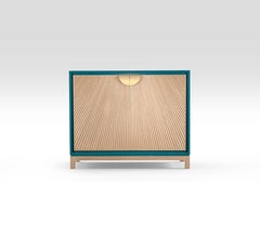 Cabinet with Radiating Silver-Stained Oak Sticks Within a White Lacquered Body