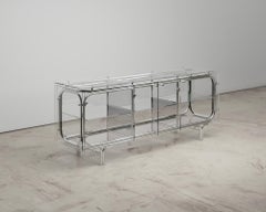 Meuble de rangement fonctionnel contemporain en verre étoilé et acier inoxydable