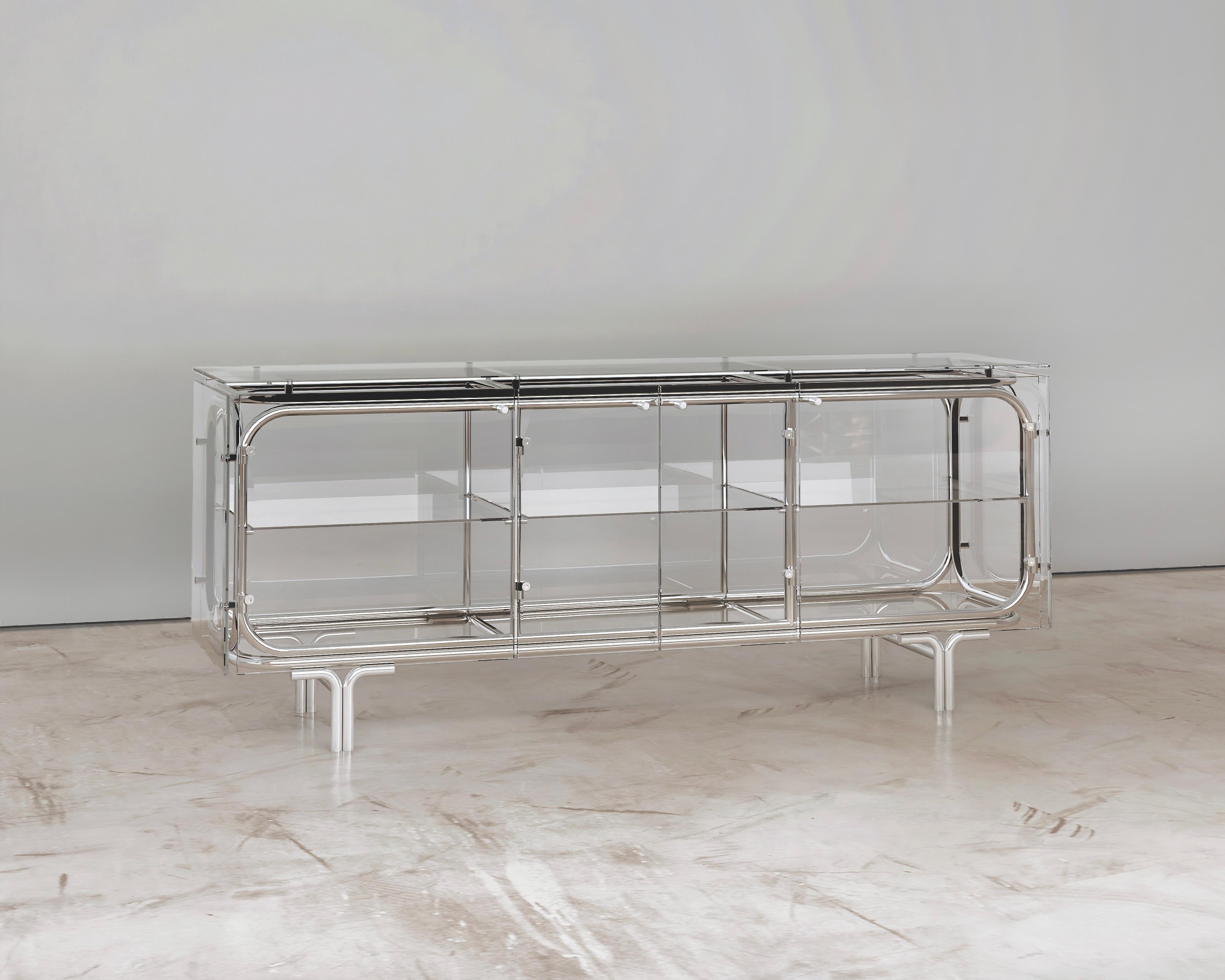 Poli Meuble de rangement fonctionnel contemporain en verre étoilé et acier inoxydable  en vente