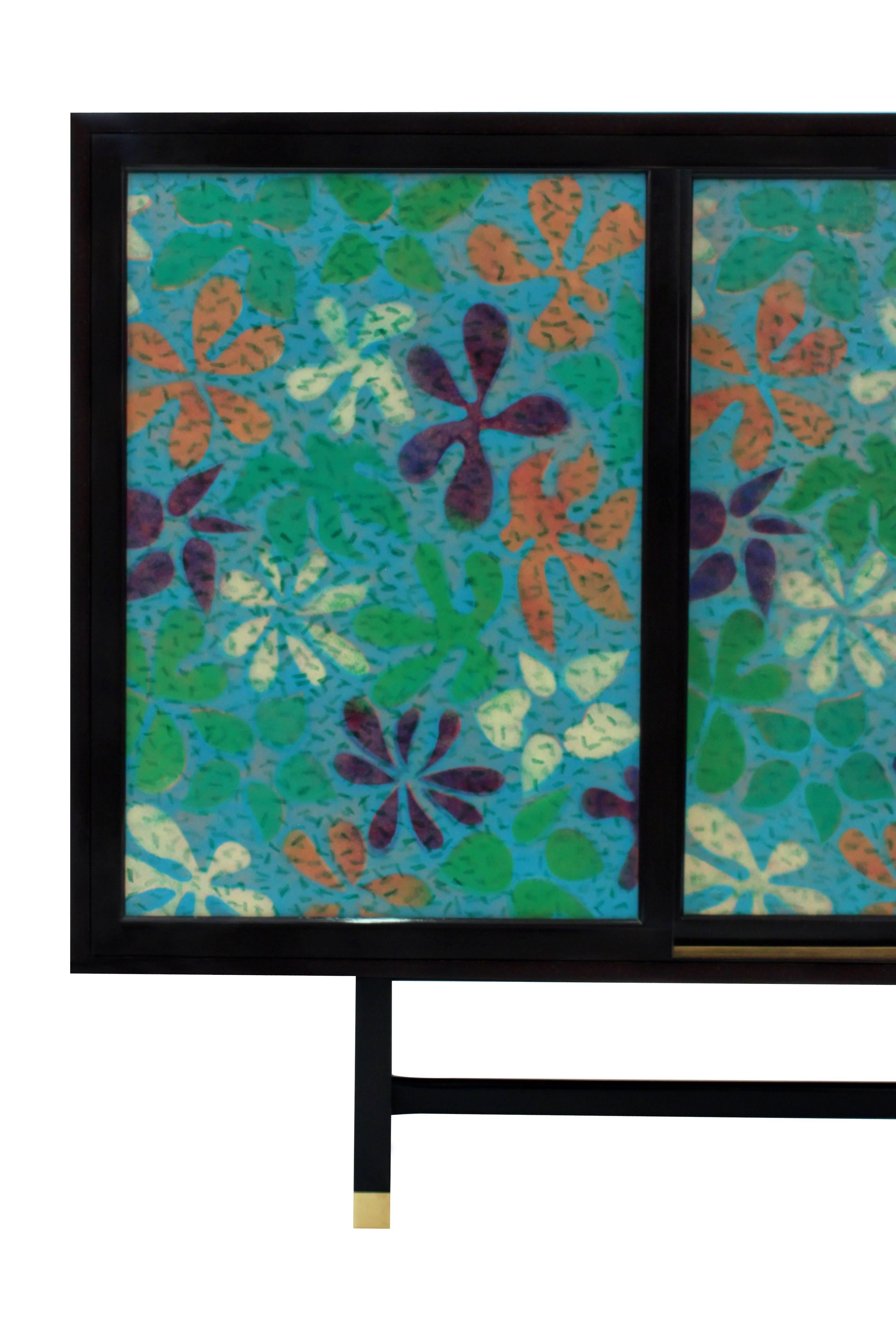 Mid-Century Modern Cabinet with Stunning Jewelry Enamel Doors by Harvey Probber, 1950s 'Signed'