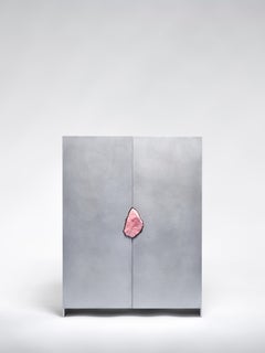Unique Waxed Aluminum Cabinet with Natural Dusty Pink Stone by Pierre De Valck