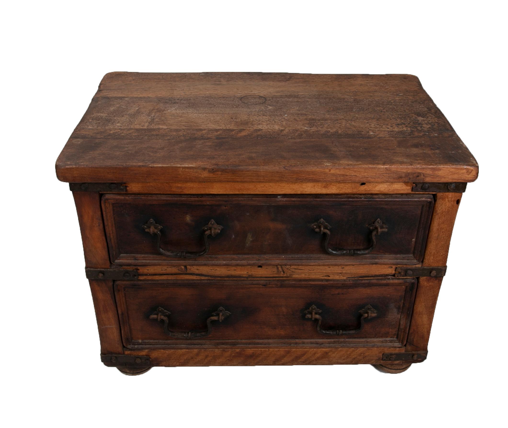 Spanish Cabinet with Two Wooden Drawers with Handles and Iron Reinforcements For Sale