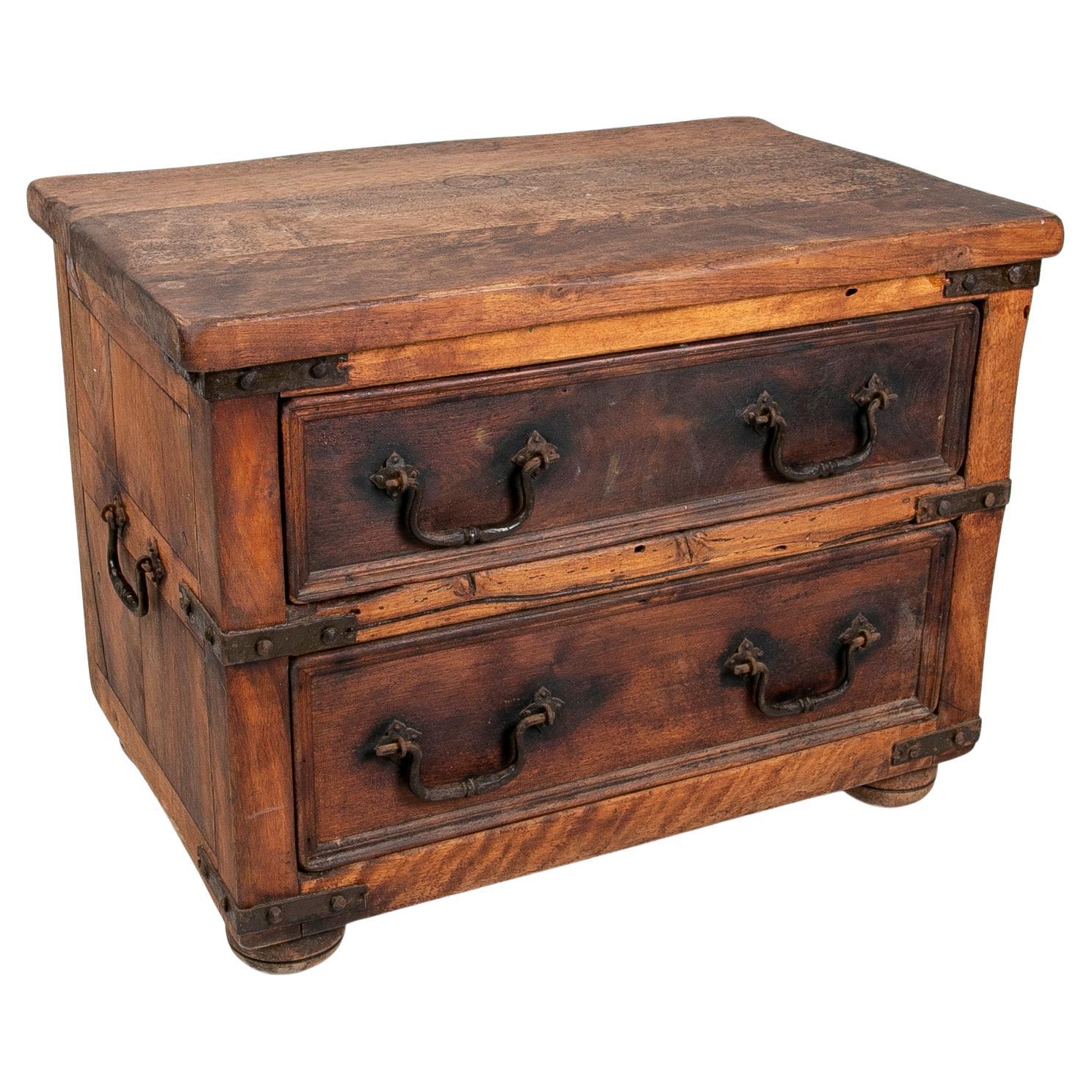 Cabinet with Two Wooden Drawers with Handles and Iron Reinforcements For Sale