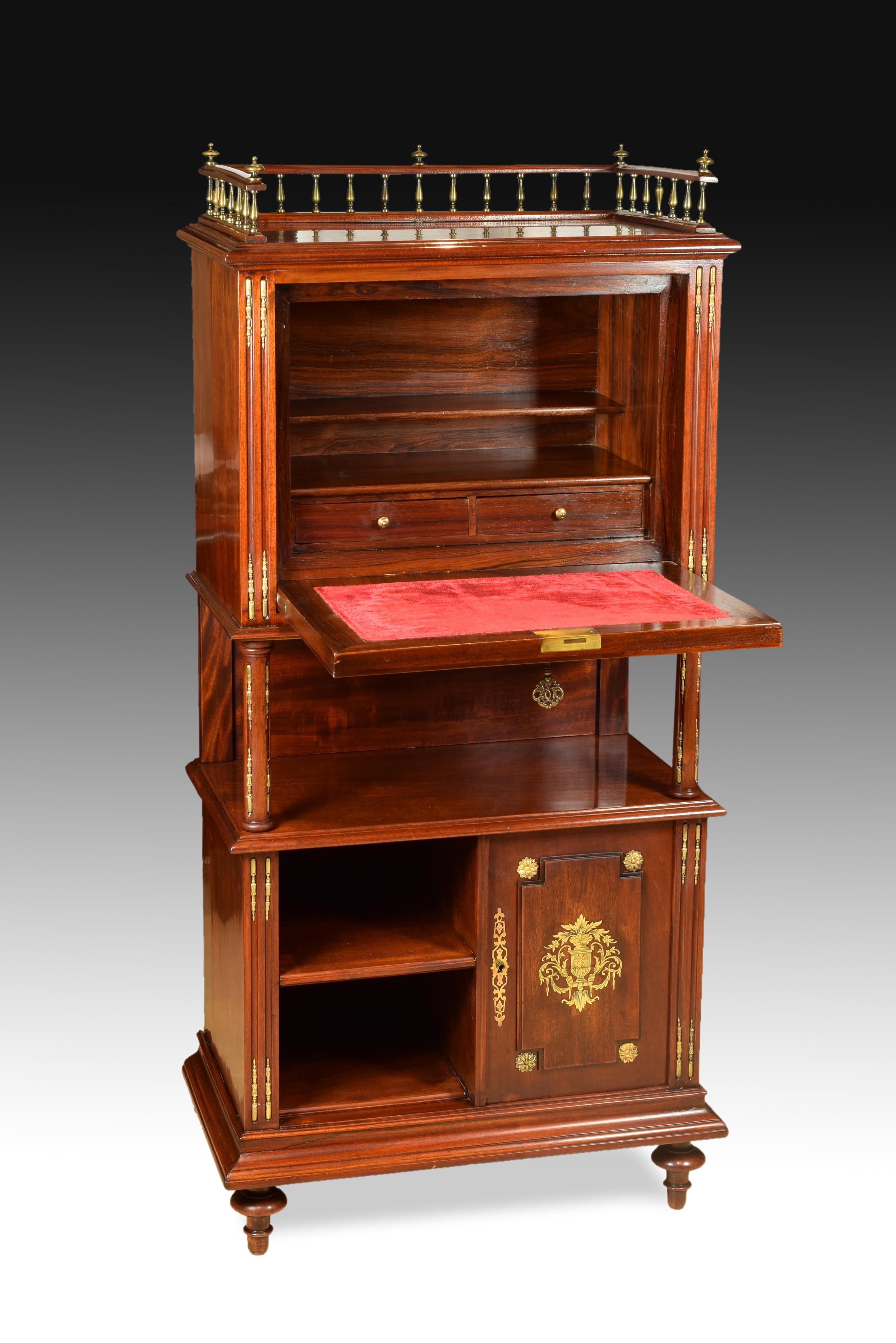 European Cabinet with Writing Desk, Mahogany, Metal, 19th Century