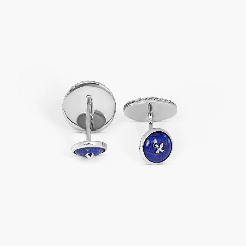 Cable Button Double Ended Cufflinks with Lapis in Sterling Silver In New Condition For Sale In Fulham business exchange, London