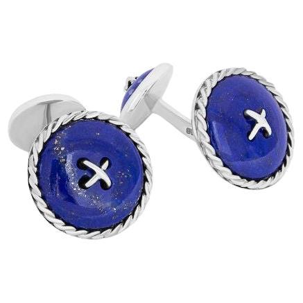 Cable Button Double Ended Cufflinks with Lapis in Sterling Silver For Sale