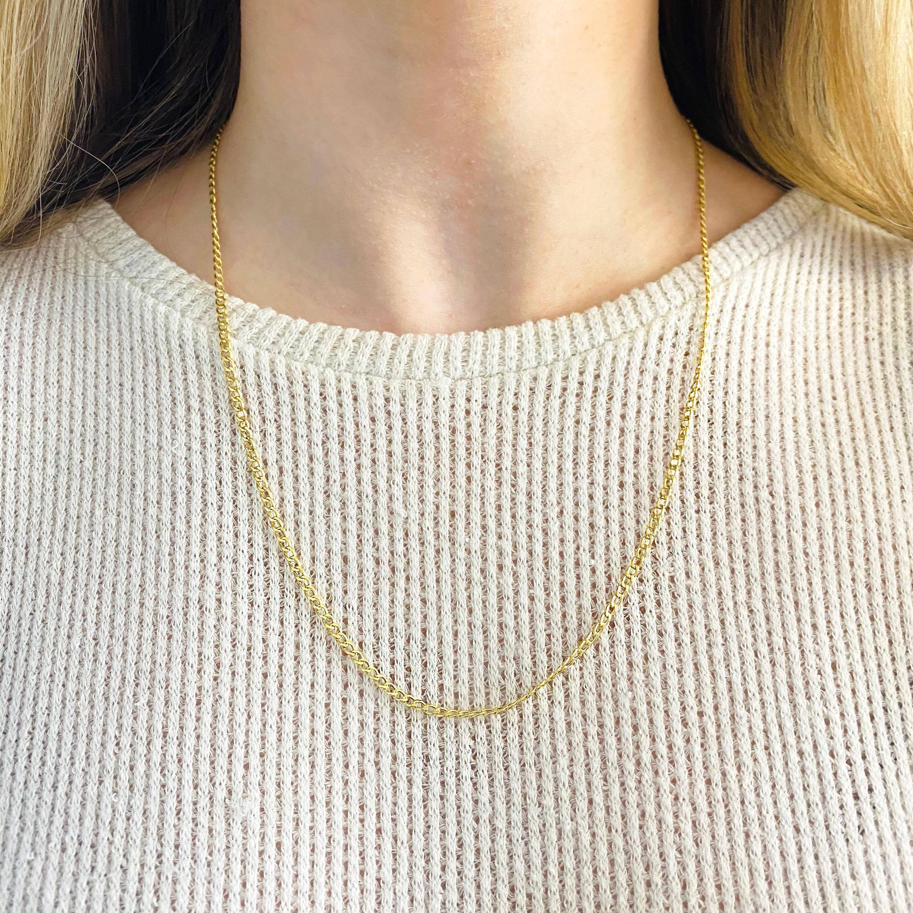 The details for this beautiful chain  are listed below:
Metal Quality: 14 Karat Yellow Gold
Chain Type: Cable
Chain Length: 22 inches
Clasp: Lobster
Chain Diameter: 2.85 millimeters
