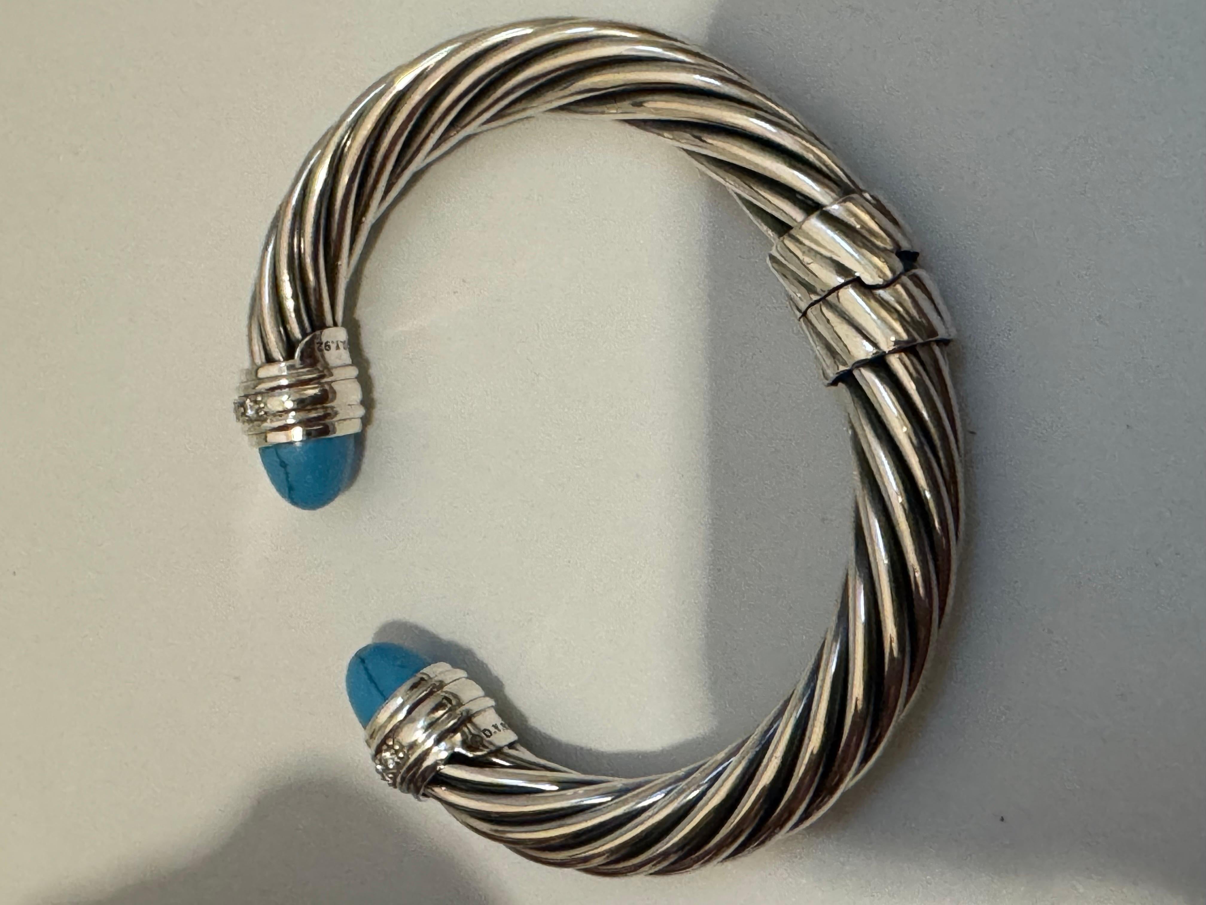 Cable Classics Bracelet in Sterling Silver with Turquoise and Pavé Diamonds 10MM In Excellent Condition In New York, NY