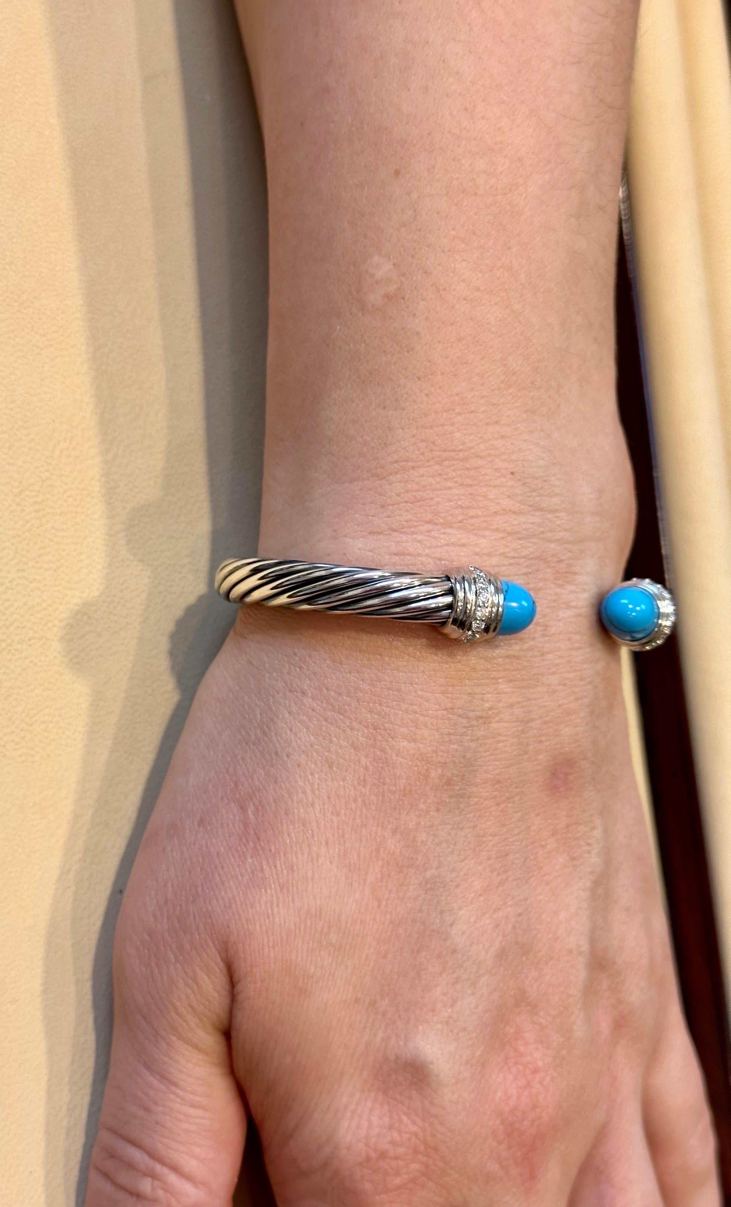 Cabochon Cable Classics Bracelet in Sterling Silver with Turquoise and Pavé Diamonds