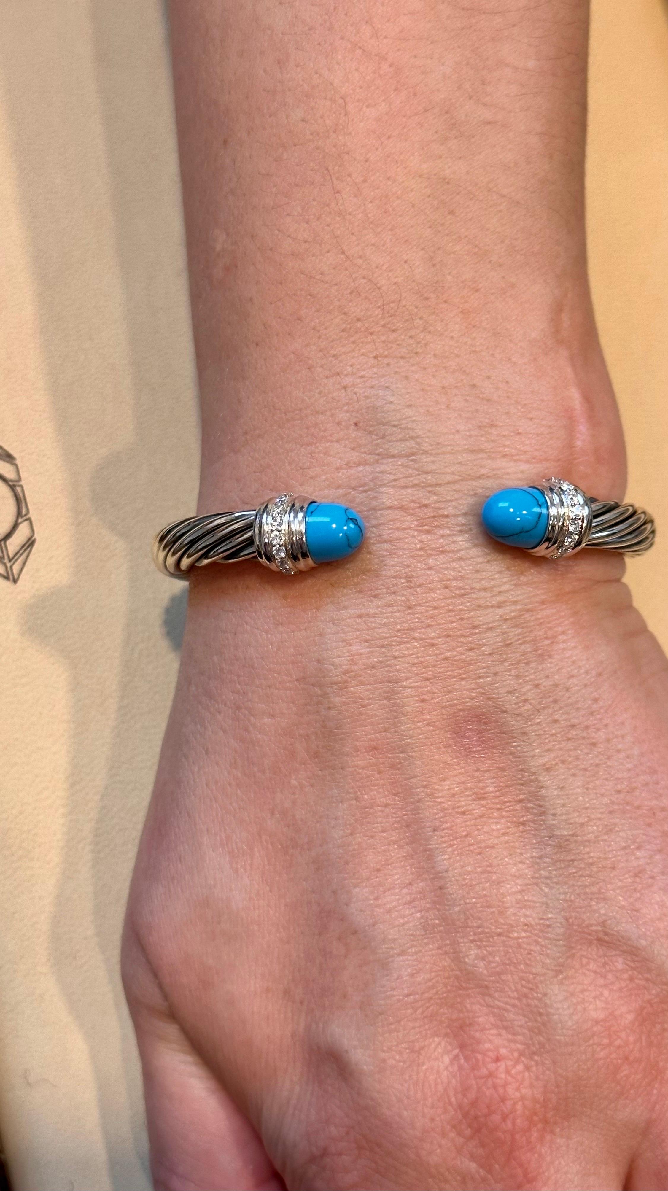 Women's Cable Classics Bracelet in Sterling Silver with Turquoise and Pavé Diamonds