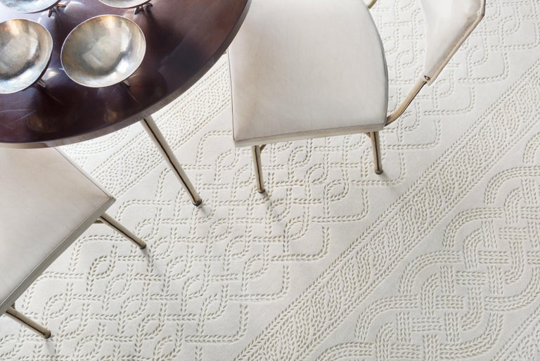 Cable Knit White HandKnotted Area Rug in Wool by Thom Browne For Sale