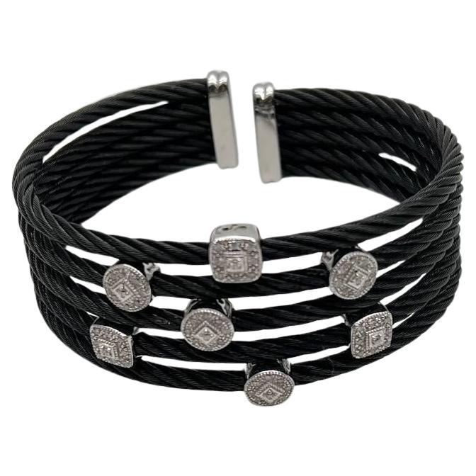Cable Multi Row with 18K White Gold White Diamonds Filigree Statement Bracelet