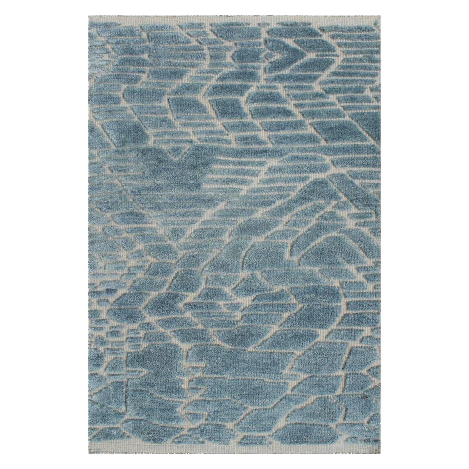 Cabo Ocean Blue and Cream Hand-Knotted Wool Rug For Sale