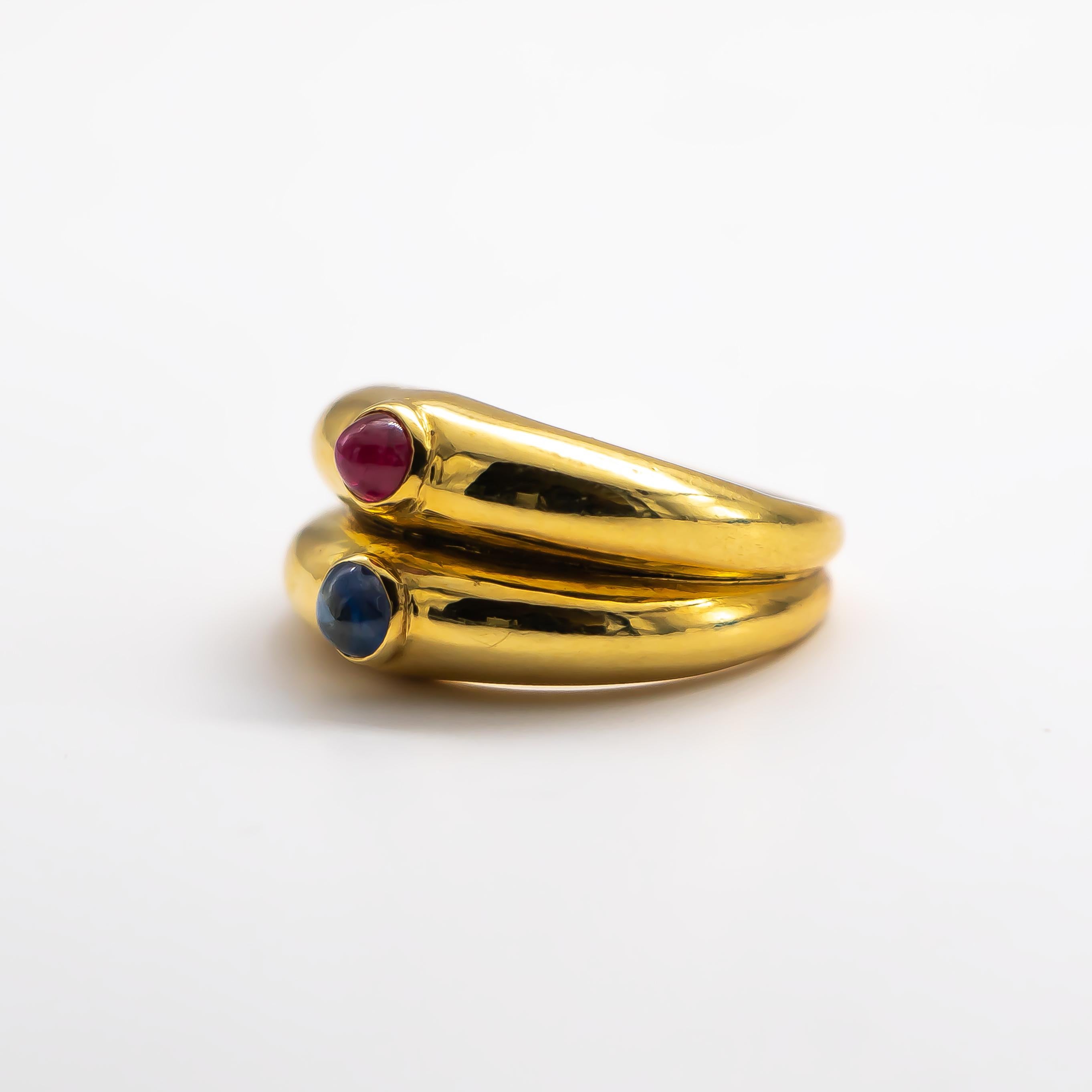 Cabochon 0.2 Carat Ruby and Cabochon 0.2 Carat Sapphire Ring 18K Yellow Gold 5