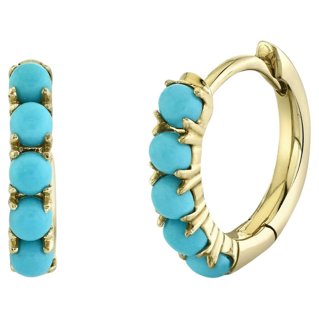 Cabochon 0.43 Carat Turquoise Yellow Gold Huggie Hoop Earrings For Sale