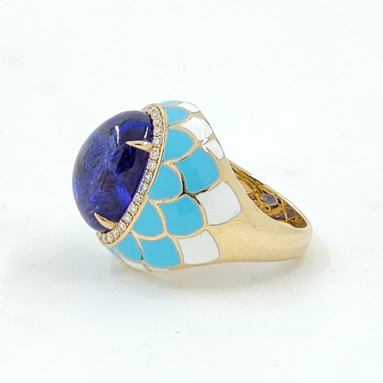Contemporary Cabochon 10.32 Carat Tanzanite Diamond Enamel Ring in 18 Karat Yellow Gold