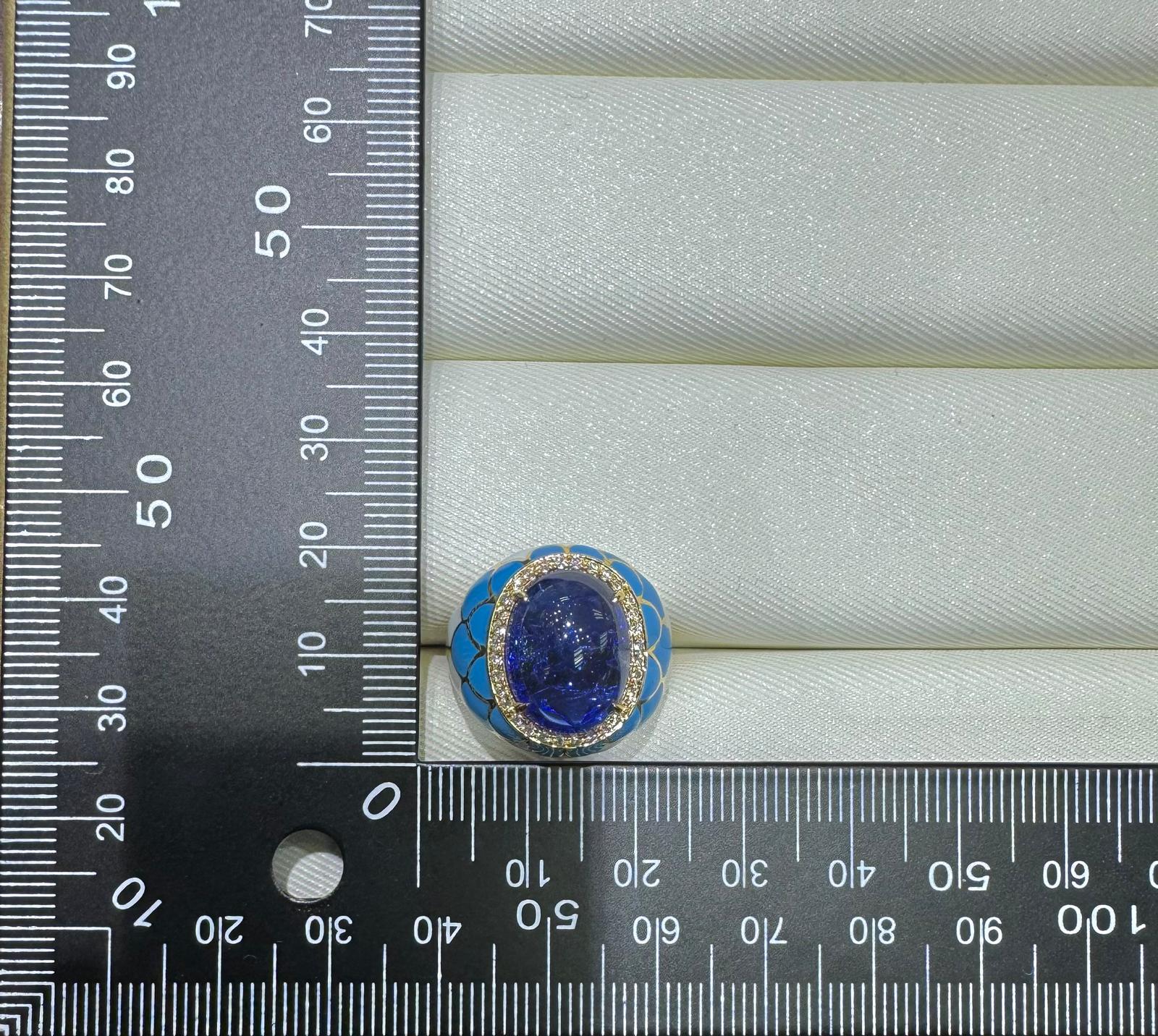 Cabochon 10,32 Karat Tansanit Diamant-Emaille-Ring aus 18 Karat Gelbgold im Angebot 3