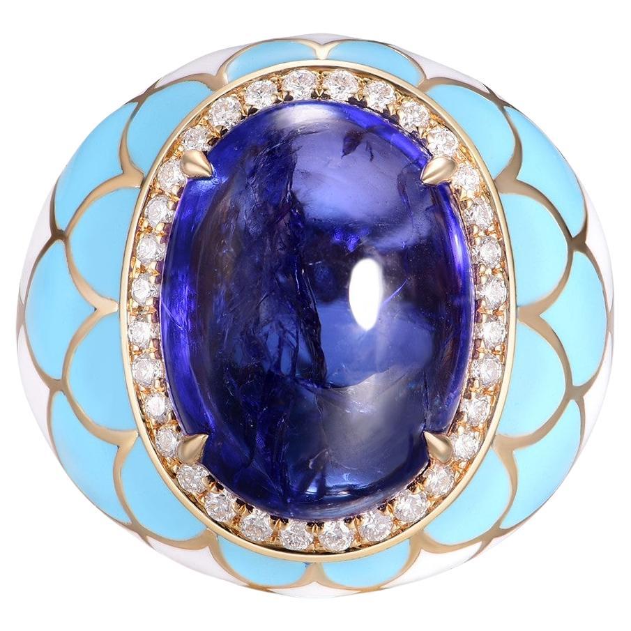 This ring, a size US 6.5 with the option for resizing, is a celebration of color and craftsmanship. At its zenith sits an 10.32-carat tanzanite, captivating with its deep blue-violet tones, symbolic of grandeur. This sizable gemstone is polished to