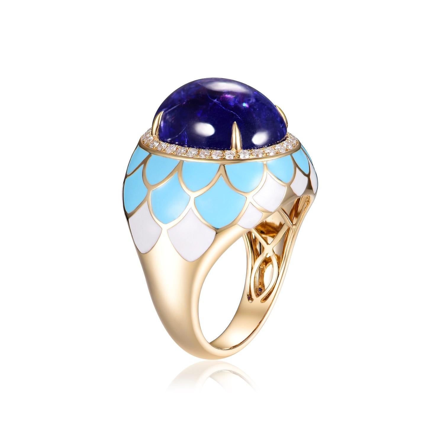 This ring, a size US 6.5 with the option for resizing, is a celebration of color and craftsmanship. At its zenith sits an 11.06-carat tanzanite, captivating with its deep blue-violet tones, symbolic of grandeur. This sizable gemstone is polished to