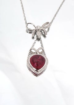 Cabochon 13.02 Carat Rubellite Diamond Heart and Ribbon White Gold Pendant Chain