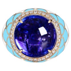 Cabochon 14.9 Carat Tanzanite Diamond Enamel Ring in 14 Karat Yellow Gold