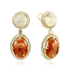 Cabochon 29.75 Ct Moonstone, 25.97 Ct Sunstone & Diamond 18 Karat Gold Earrings