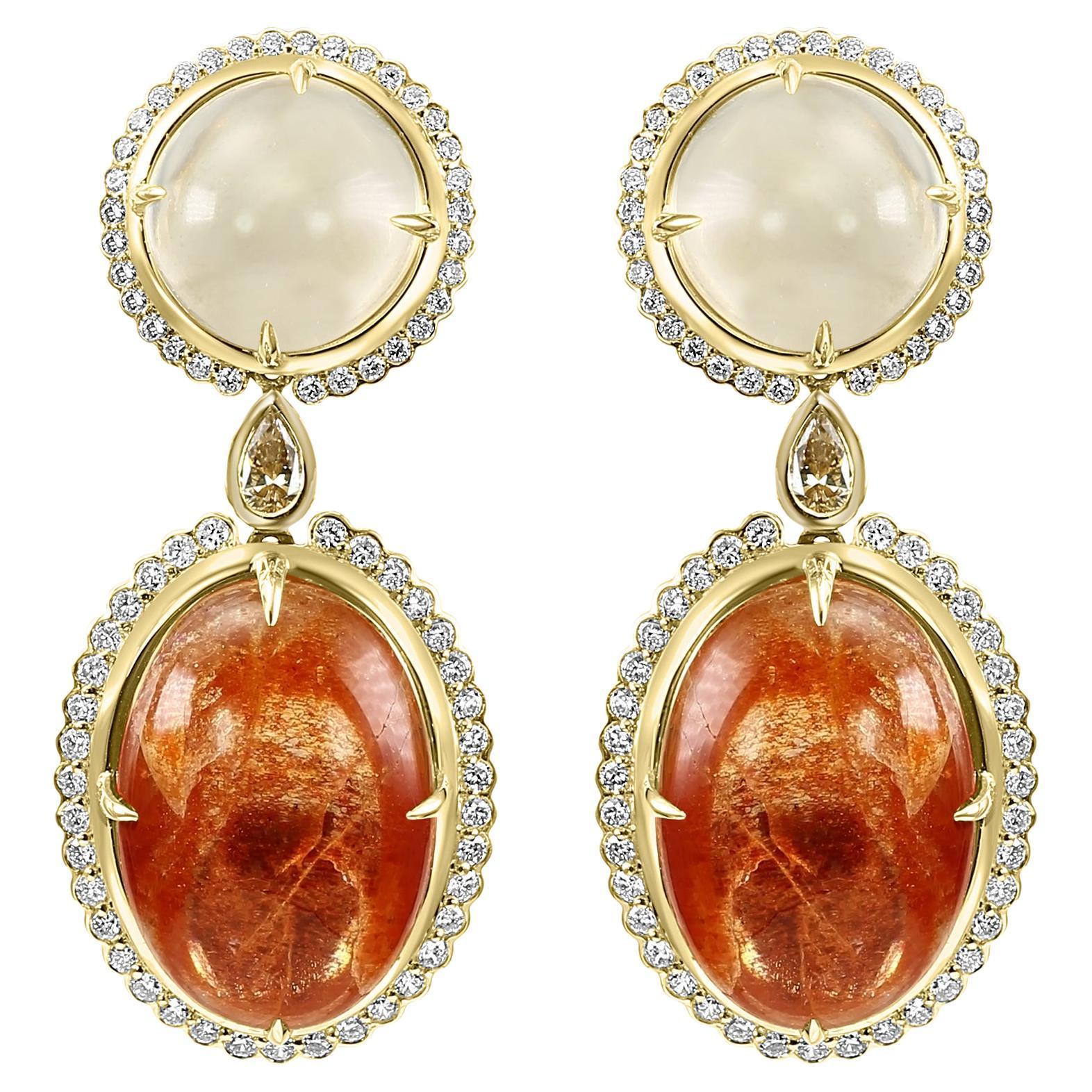 Cabochon 29.75 Ct Moonstone, 25.97 Ct Sunstone & Diamond 18 Karat Gold Earrings