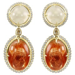 Cabochon 29.75 Ct Moonstone, 25.97 Ct Sunstone & Diamond 18 Karat Gold Earrings