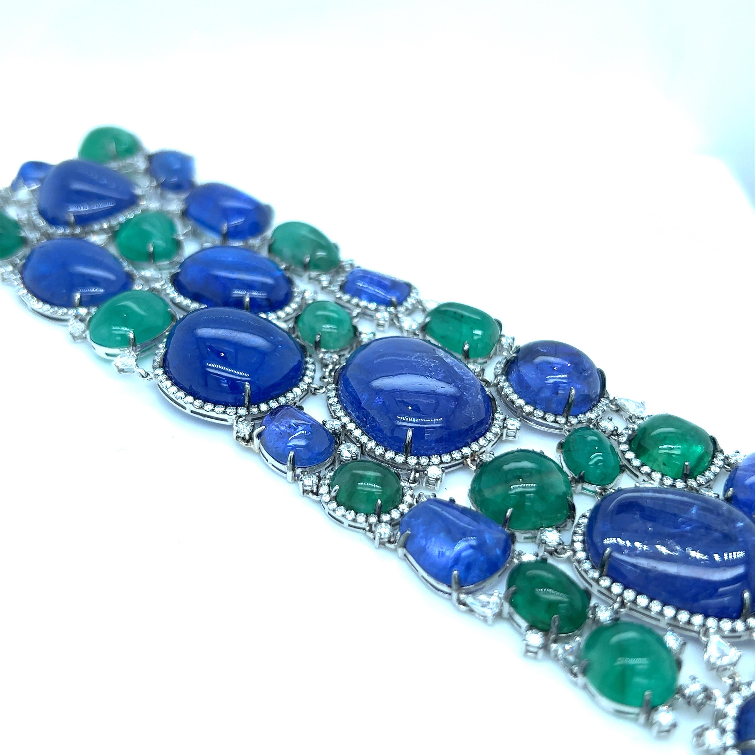 Women's or Men's Cabochon 65.92ct Emerald, 204.40 Tanzanite & 9.81 Carat Diamond Bracelet For Sale