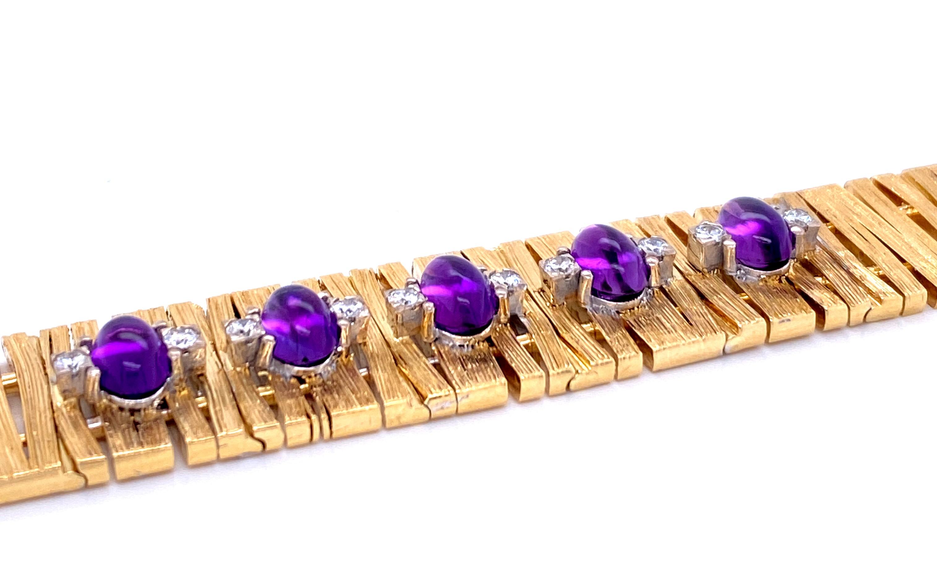 One 18 karat yellow gold (stamped 750 HS 18K) bracelet set with set with five 6.5mm x 4.5mm oval cabochon amethysts and ten round brilliant diamonds approximately 0.25 cart total weight with matching H/I color and SI1/SI2 clarity.  Circa 1970s