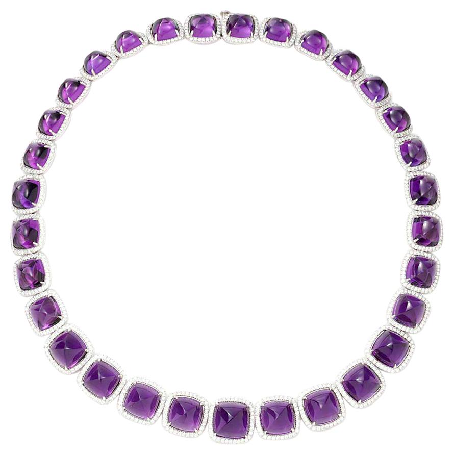 Cabochon Amethyst and Diamond Halo Necklace in 18 Karat White Gold For Sale