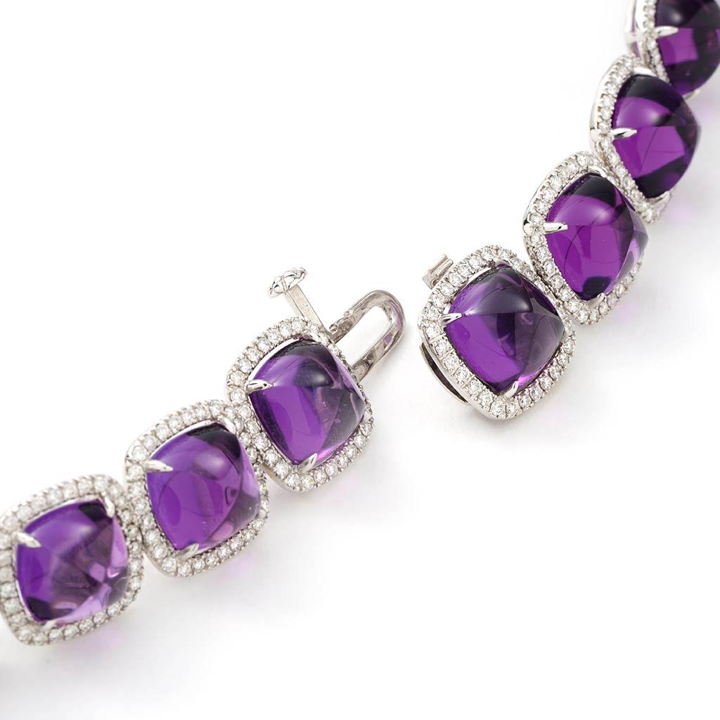 Modern Cabochon Amethyst and Diamond Halo Necklace in 18 Karat White Gold For Sale