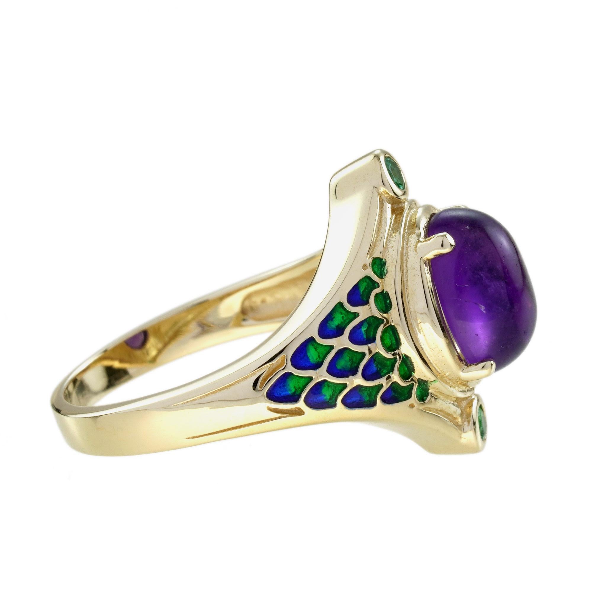 Art déco Bague serpent Naka en or jaune 9K, cabochon d'améthyste et d'émeraude, style antique