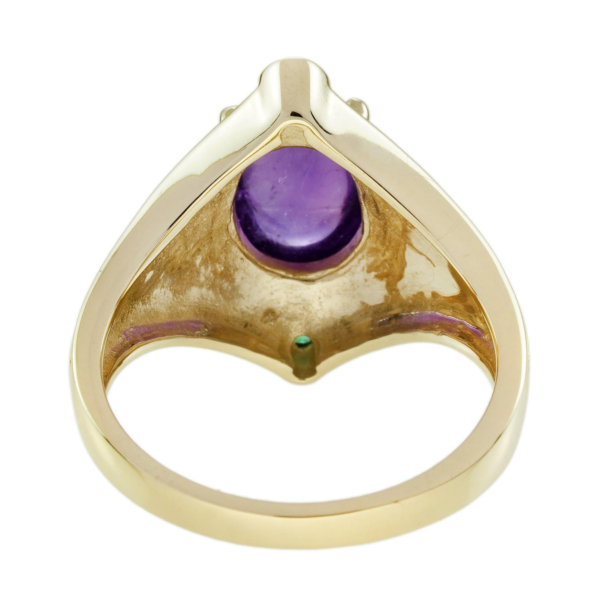 Taille ovale Bague serpent Naka en or jaune 9K, cabochon d'améthyste et d'émeraude, style antique