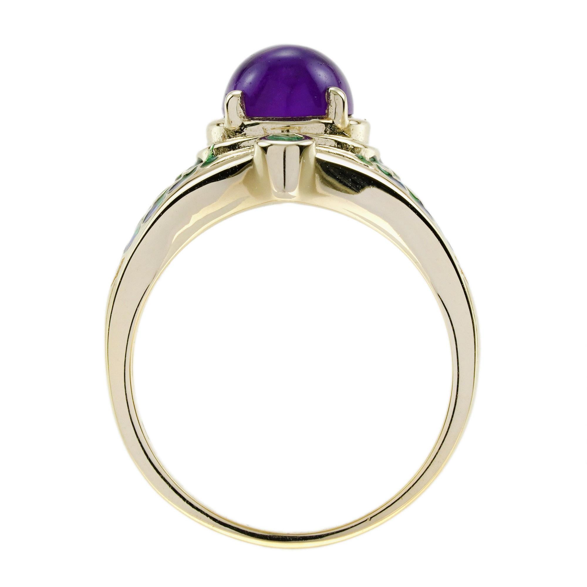 Cabochon Amethyst and Emerald Antique Style Naka Snake Ring in 9K Yellow Gold In New Condition For Sale In Bangkok, TH