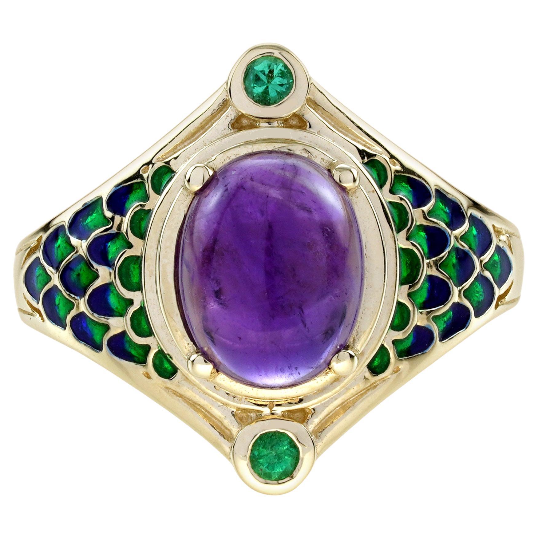 Bague serpent Naka en or jaune 9K, cabochon d
améthyste et d
émeraude, style antique