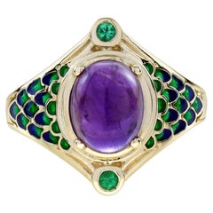 Bague serpent Naka en or jaune 9K, cabochon d
améthyste et d
émeraude, style antique