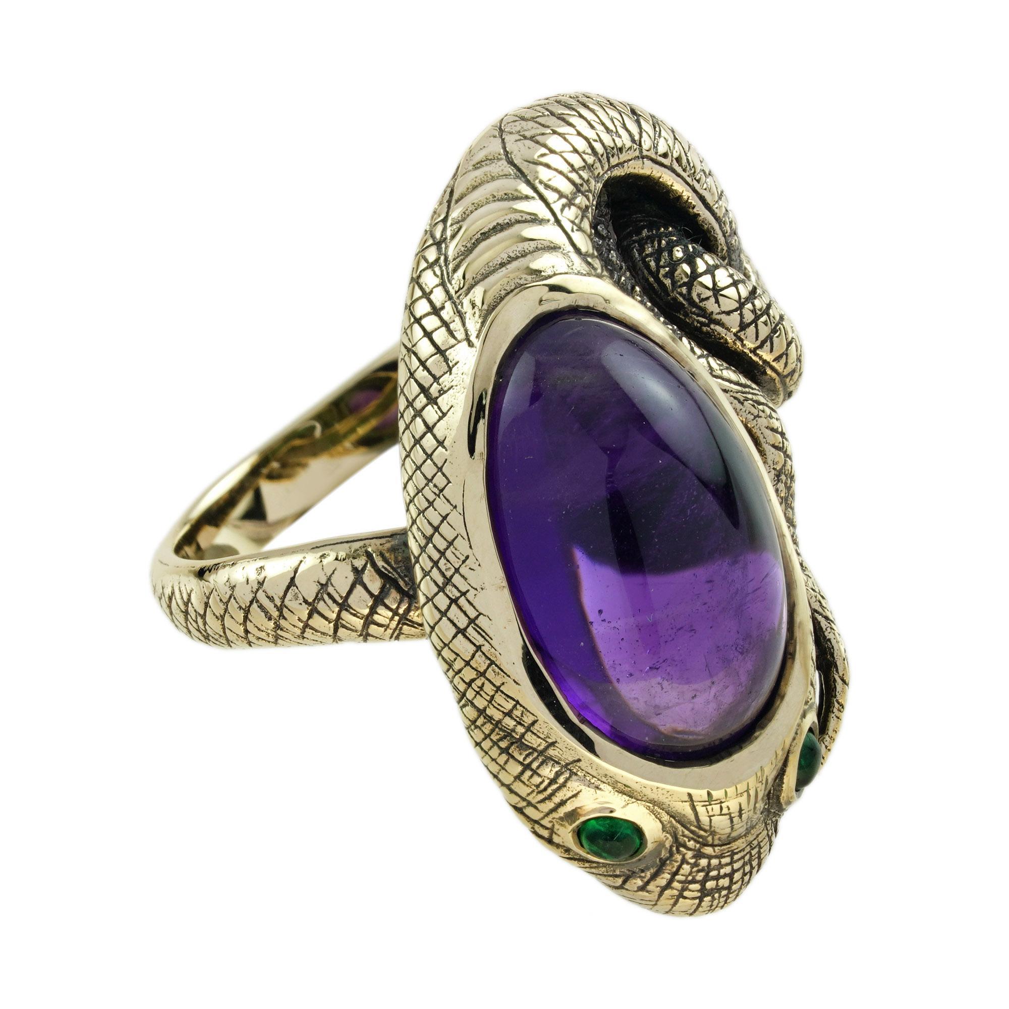 Oval Cut Cabochon Amethyst and Emerald Antique Style Snake Ring in 9K Yellow Gold For Sale