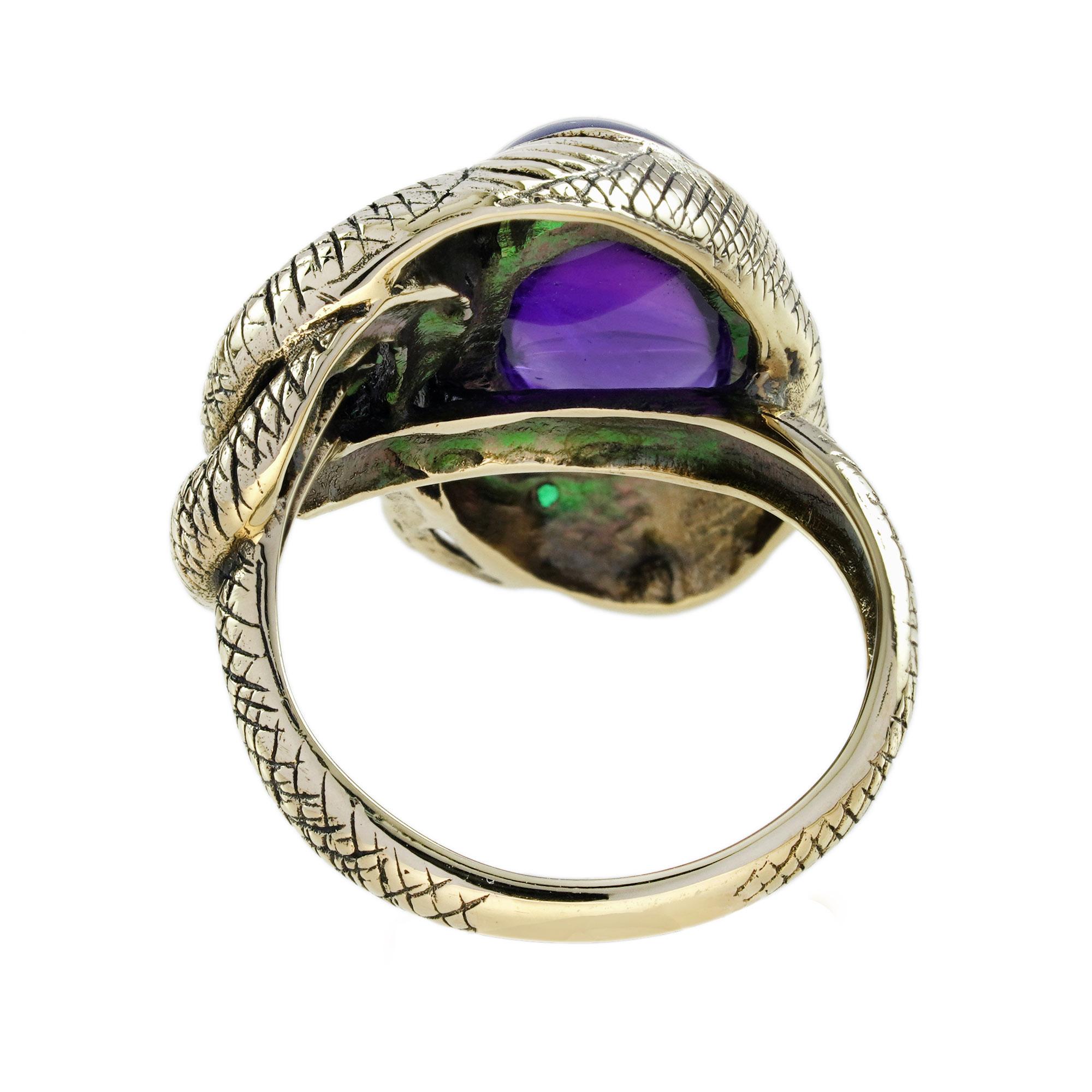 Women's Cabochon Amethyst and Emerald Antique Style Snake Ring in 9K Yellow Gold For Sale