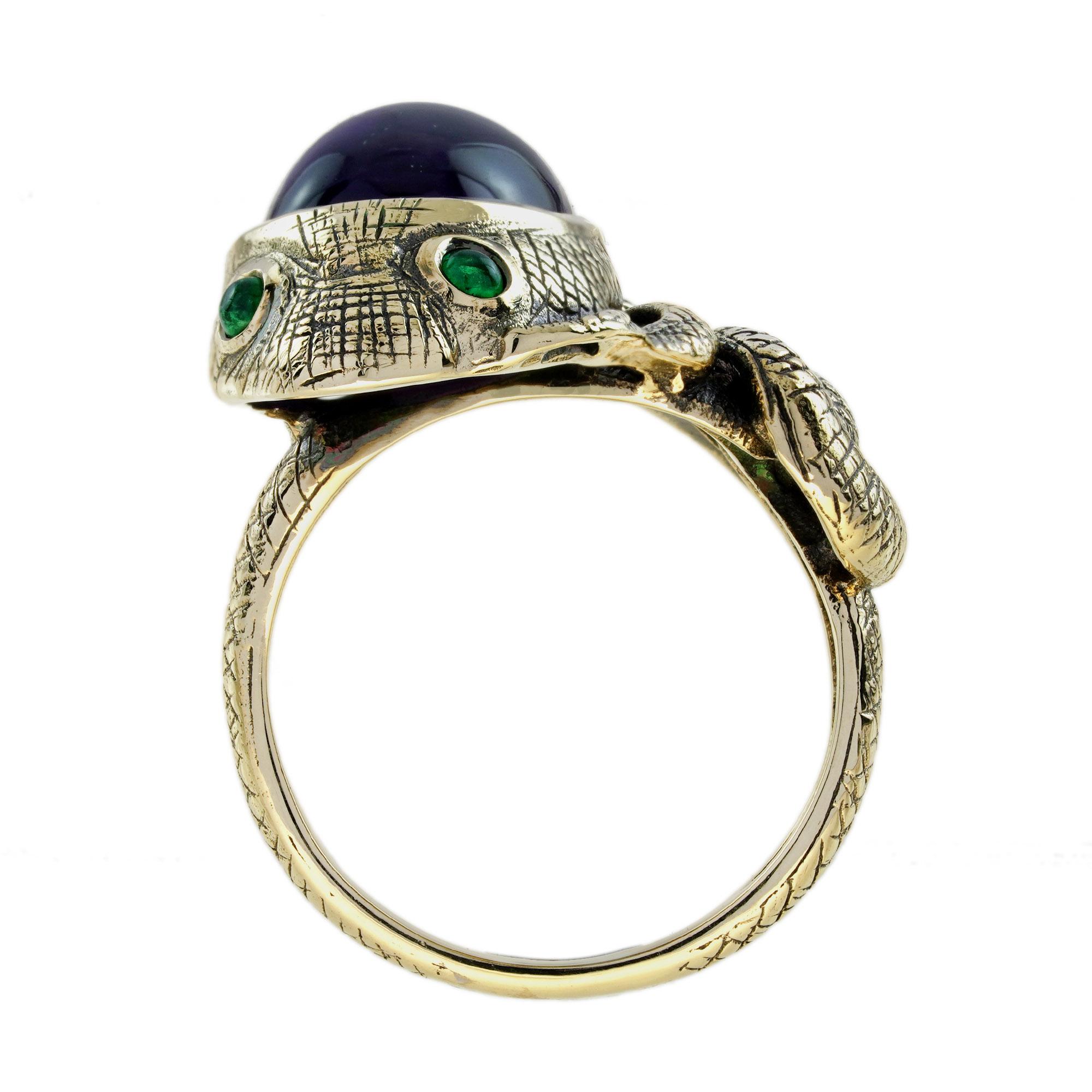 Cabochon Amethyst and Emerald Antique Style Snake Ring in 9K Yellow Gold For Sale 1