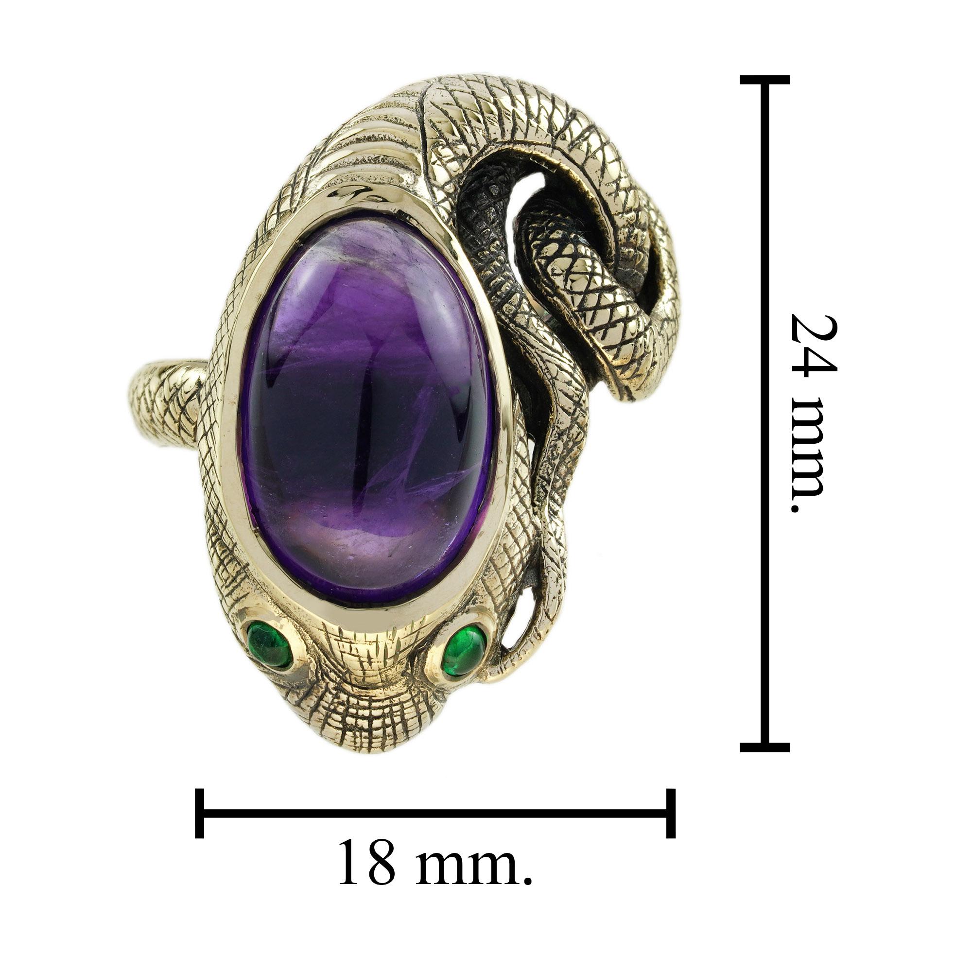 Cabochon Amethyst and Emerald Antique Style Snake Ring in 9K Yellow Gold For Sale 2