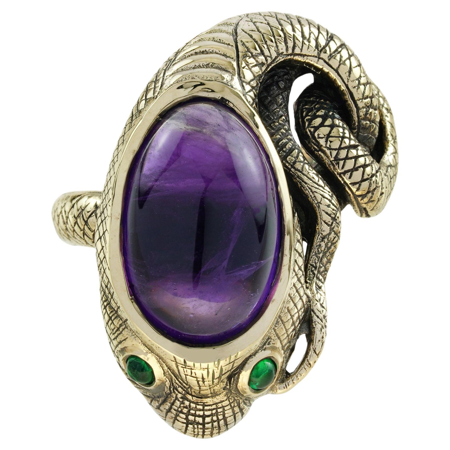 Art Deco Cabochon Amethyst and Emerald Antique Style Snake Ring in 9K Yellow Gold For Sale