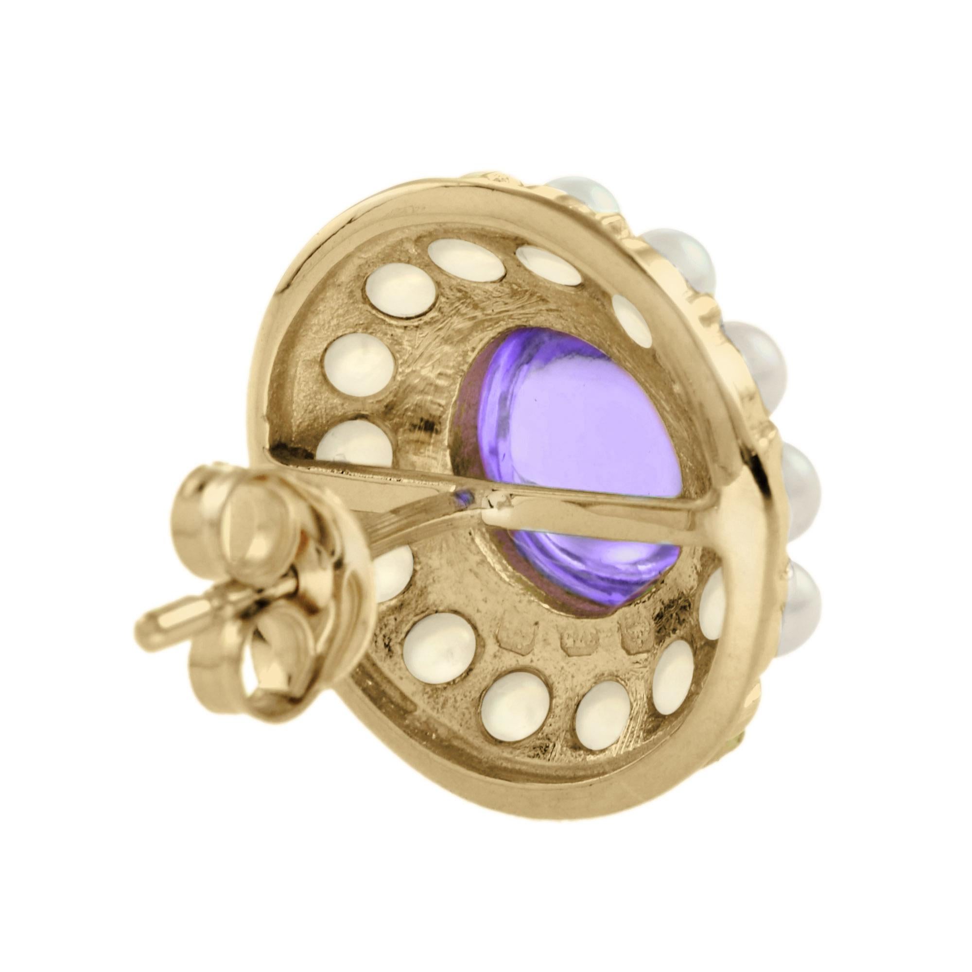 Cabochon Orecchini a lobo con ametista cabochon e pietra di luna in oro giallo 14K in vendita