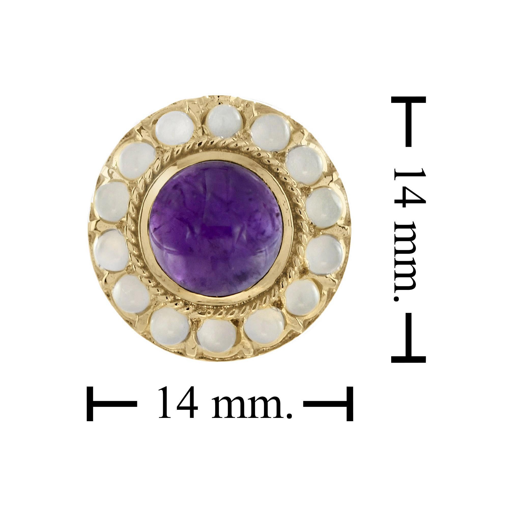 Orecchini a lobo con ametista cabochon e pietra di luna in oro giallo 14K In condizioni Nuovo in vendita a Bangkok, TH